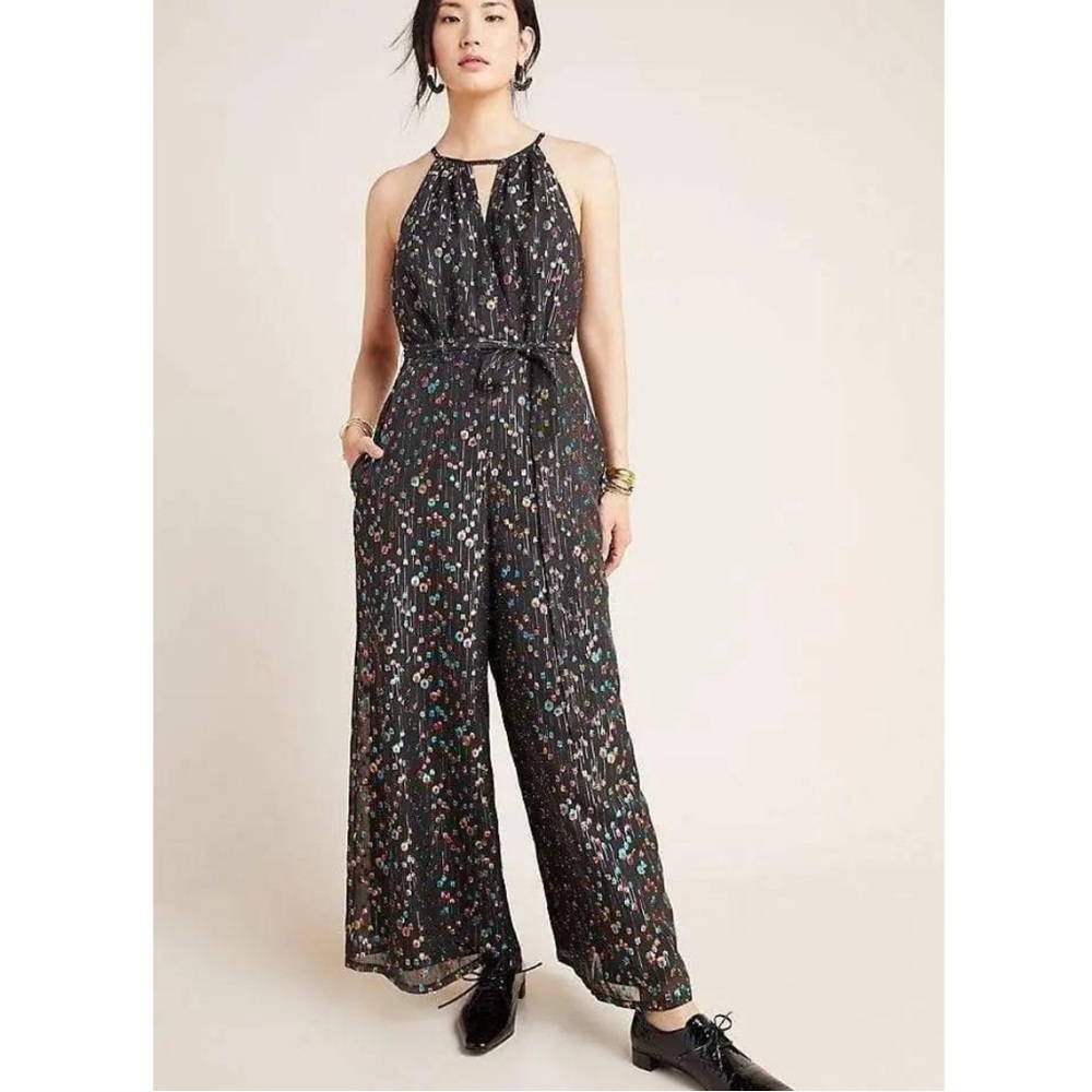 Anthropologie Eva Franco Edita Halter Metallic Clip Dot Wide Leg Jumpsuit 10